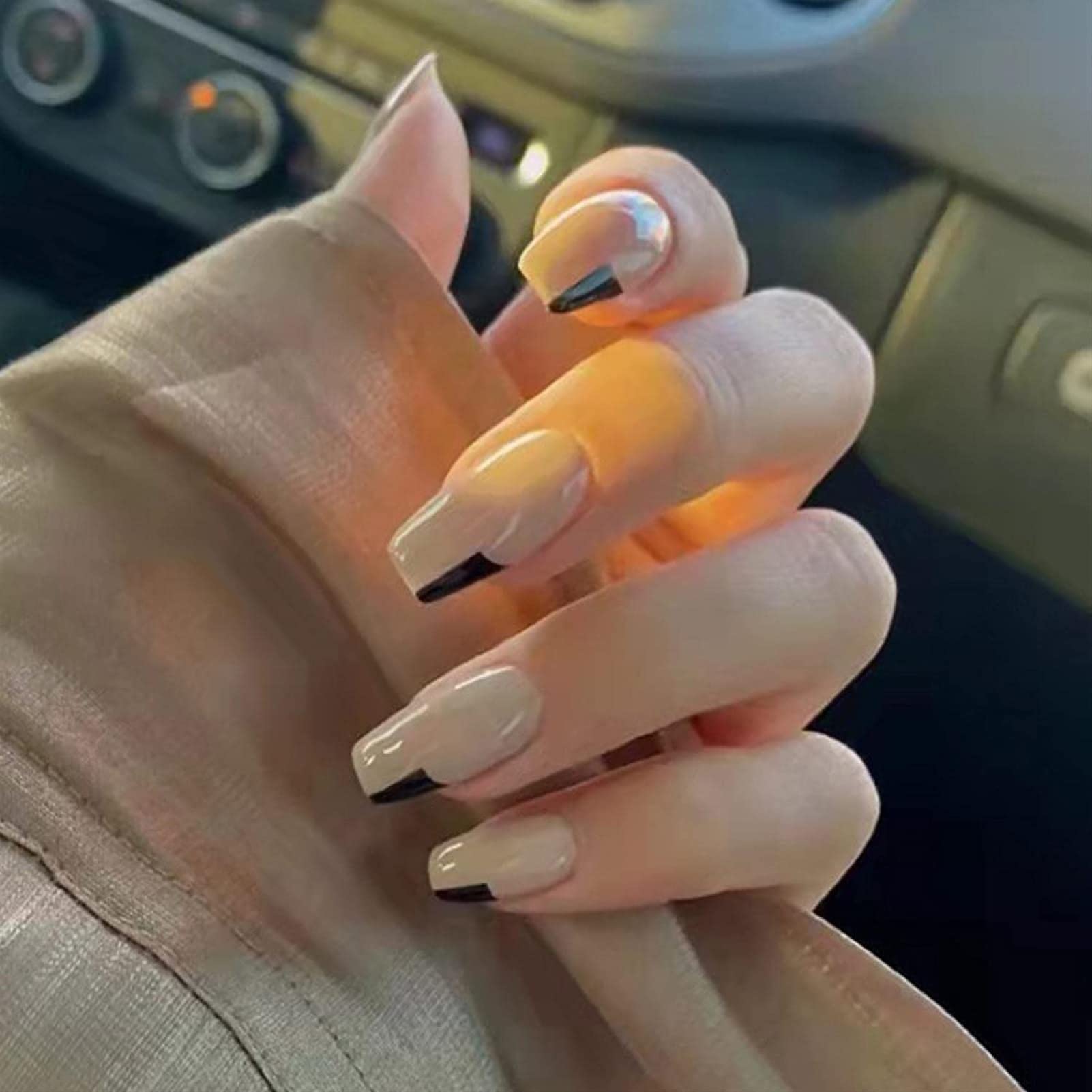 48 pezzi (confezione da 2) nude stampa su unghie finte lunghezza media blocco nero francese punte per unghie finte ballerina lunga stampa sulle unghie per le donne ragazze nail art