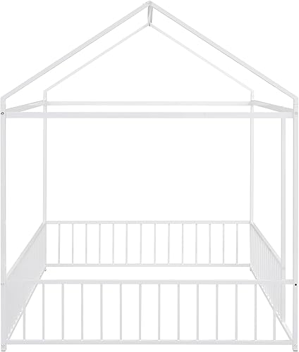 Miniatura 7 de Cama de metal de tamaño matrimonial con valla para niños, adolescentes, niñas, niños, cama de piso de casa, camas Montessori, se puede decorar marco