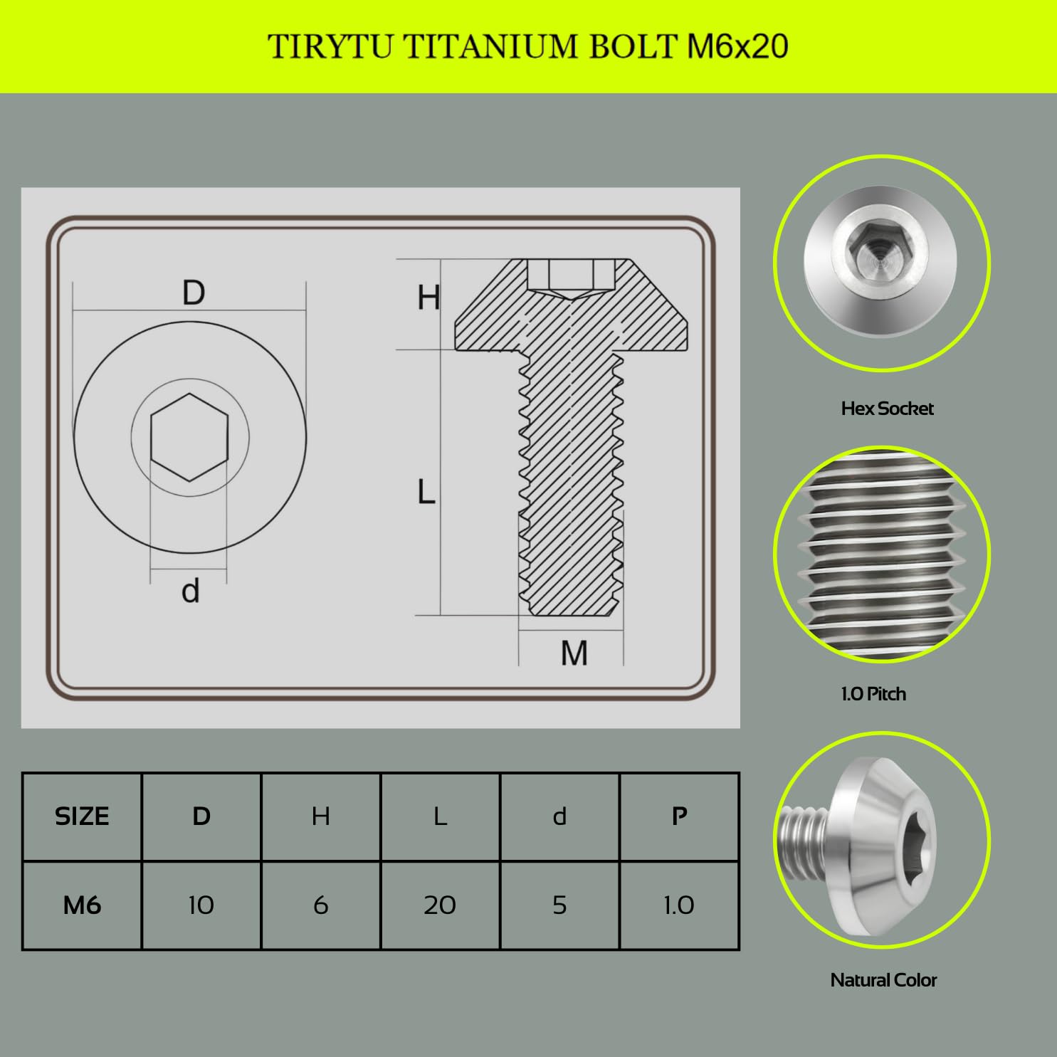 6PCS Titanium Bolts M6X20mm, Lightweight Design | Ideal for Humid/Salty Environments M6 Hex Screws for Bicycle Motorcycle Brake Calipers (Narural Color)