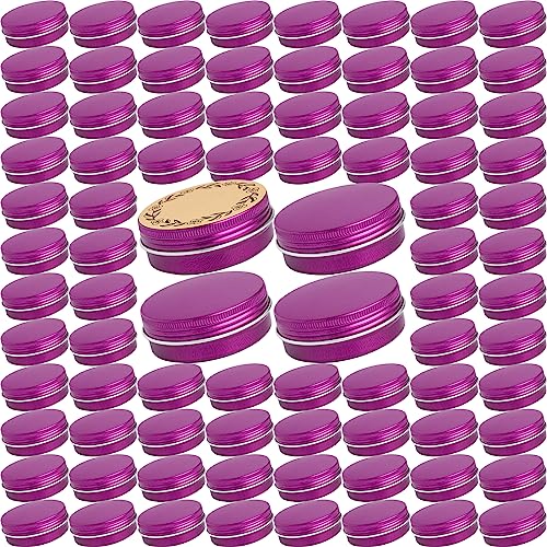 Art Secret 2 oz (60ml) Purple Screw Top Aluminum Tins with Labels, 120 Pack