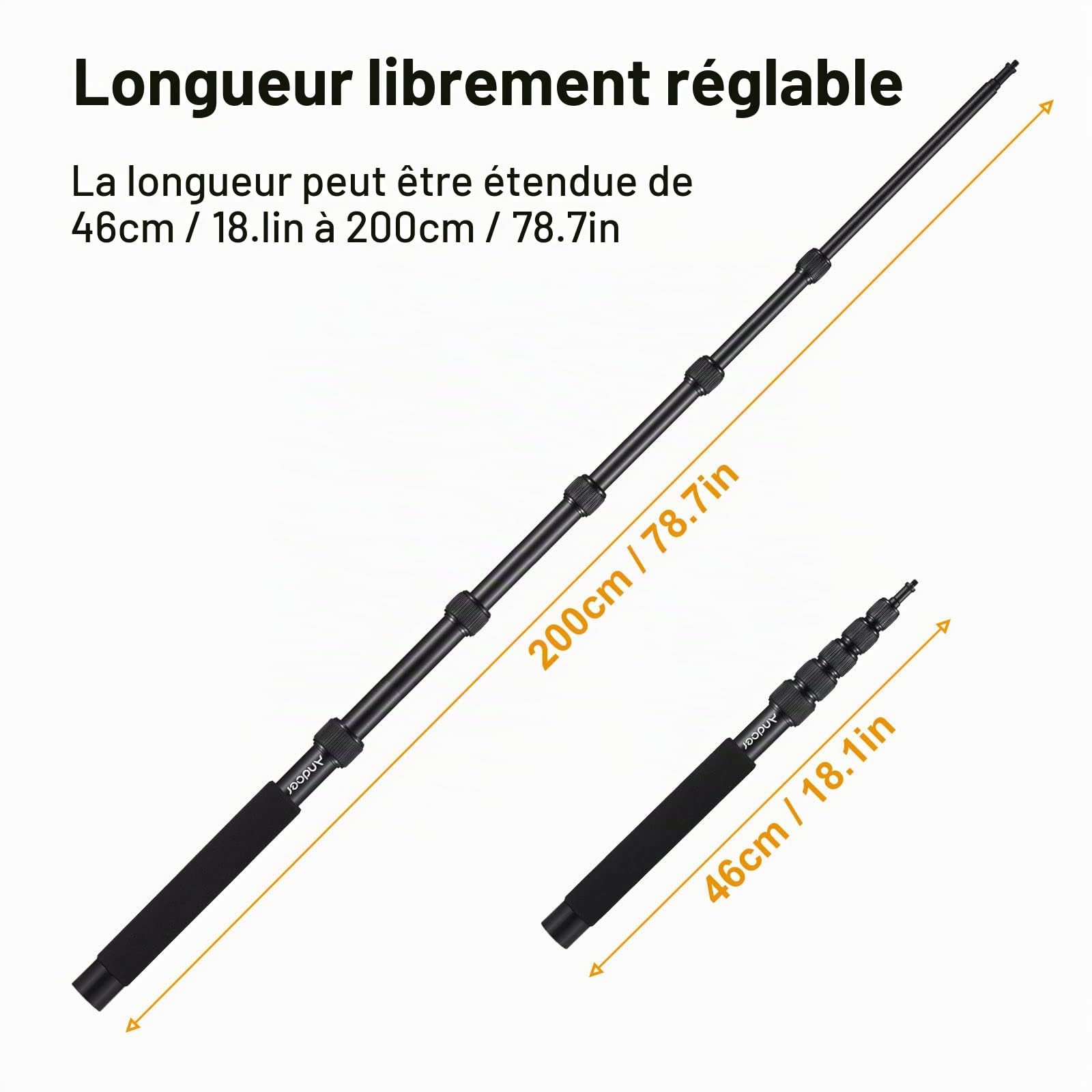 Andoer Bras de Microphone à Main Bras de Micro Extensible à 6 Sections en Alliage d'Aluminium Perche pour Microphones Vis et Filetage 1/4 Pouce avec Serrures en Mousse Twist Locks Longueur Réglable