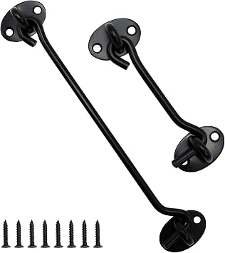 2PCS Hook and Eye Latch Barn Door Latch, Heavy Duty Solid Thicken Stainless Steel Gate Latch, Cabin Easy Lock Hooks and Eye Latch 100mm /4''+200mm/8'', Black