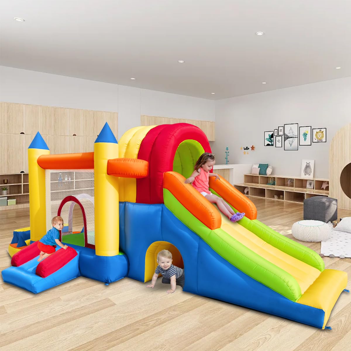 Hongcoral Inflatable Bounce House with Wide Slide, Splash Pool/Ballpit, Secret Crawl Tunnel & Soccer Goal, Multi-Activity Jumping Castle for Toddlers & Big Kids, Outdoor Backyard Playground - 5