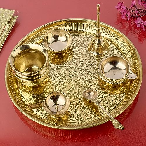 SATVIK 9 Inch Brass Puja Thali Set of 7 | Handcrafted Design for Divine Blessings | Ideal Housewarming Return Gift | Perfect for Festivals & Worship | Complete Puja Thali Set