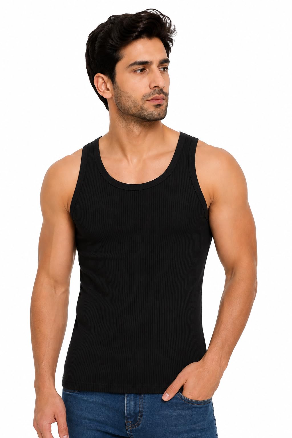 Men's Ribbed Sleeveless Vest Tank Top Innerwear Black-image-22
