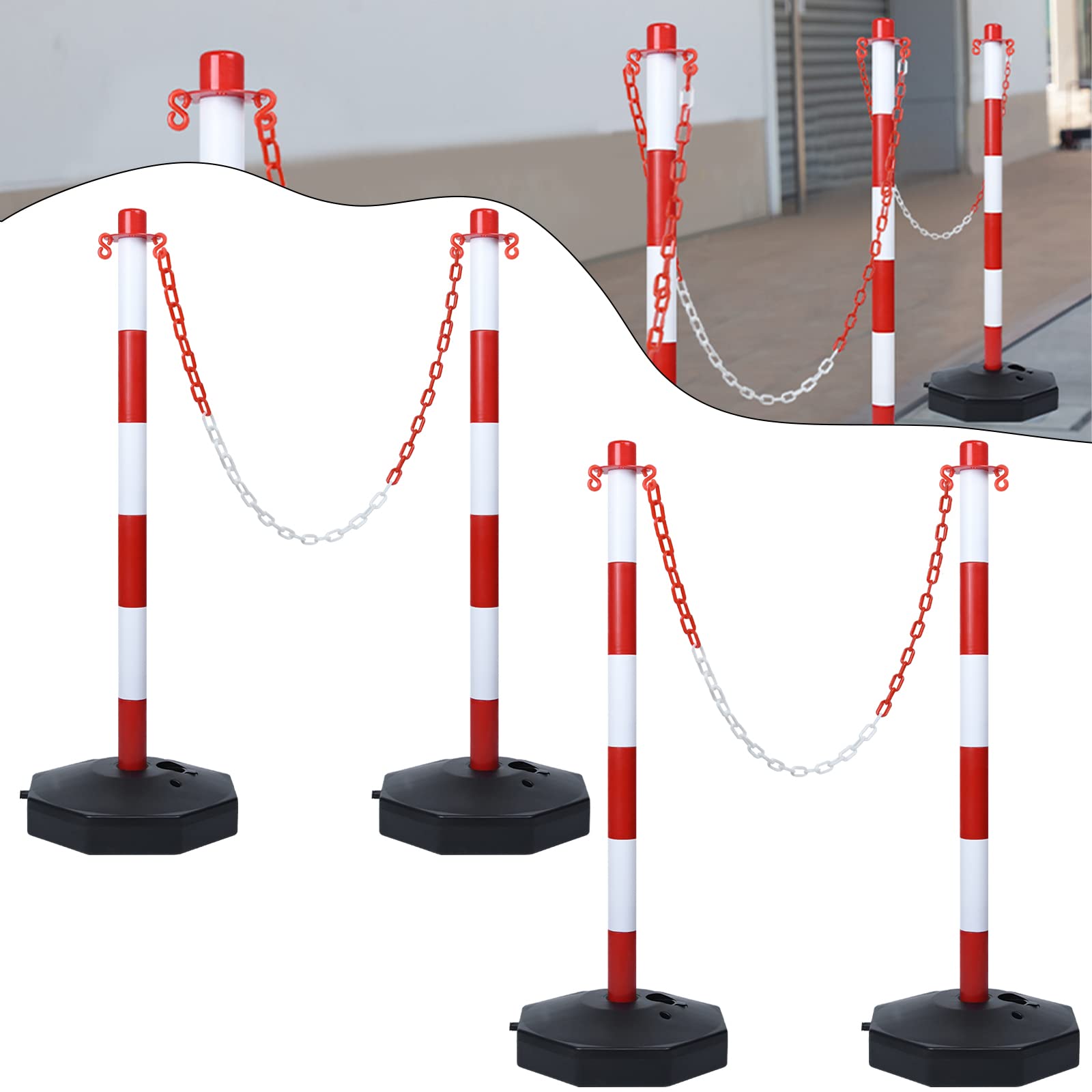 NAIZY Postes de Barrera 4 Bolardos de Plástico con Cadena de Barrera de 140 cm y Poste de Base de PE, Barrera de PP, Poste de Señalización de 82 cm, Conos de Tráfico Flexibles