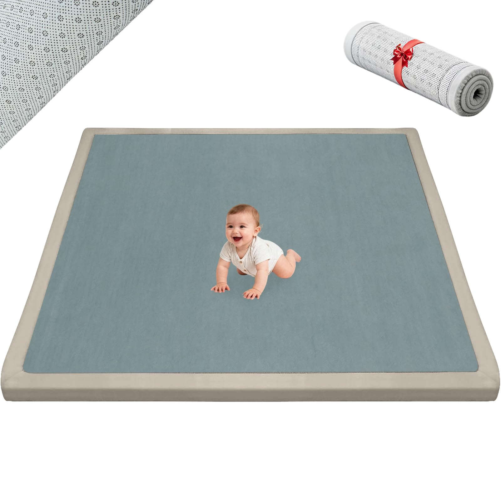Tapis d'Éveil Antidérapant, 2 CM Épaisseur Tapis d’Éveil et Matelas pour Parc Bébé, Mousse Mémoire Haute Qualité pour Bébé et Enfant Tapis de Jeux, Cadeau bébé Bleu Gris 120 x 120cm