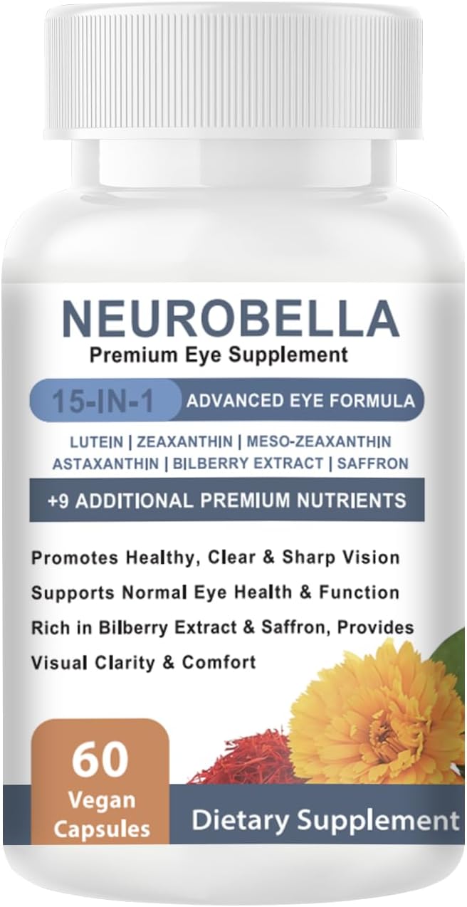 Neurobella 15-in-1 Advanced Eye Formula Nutritional Support Capsules - Containing carotenoids (Lutein, zeaxanthin, etc.),Bilberry Extract and Saffron, 60 Capsules