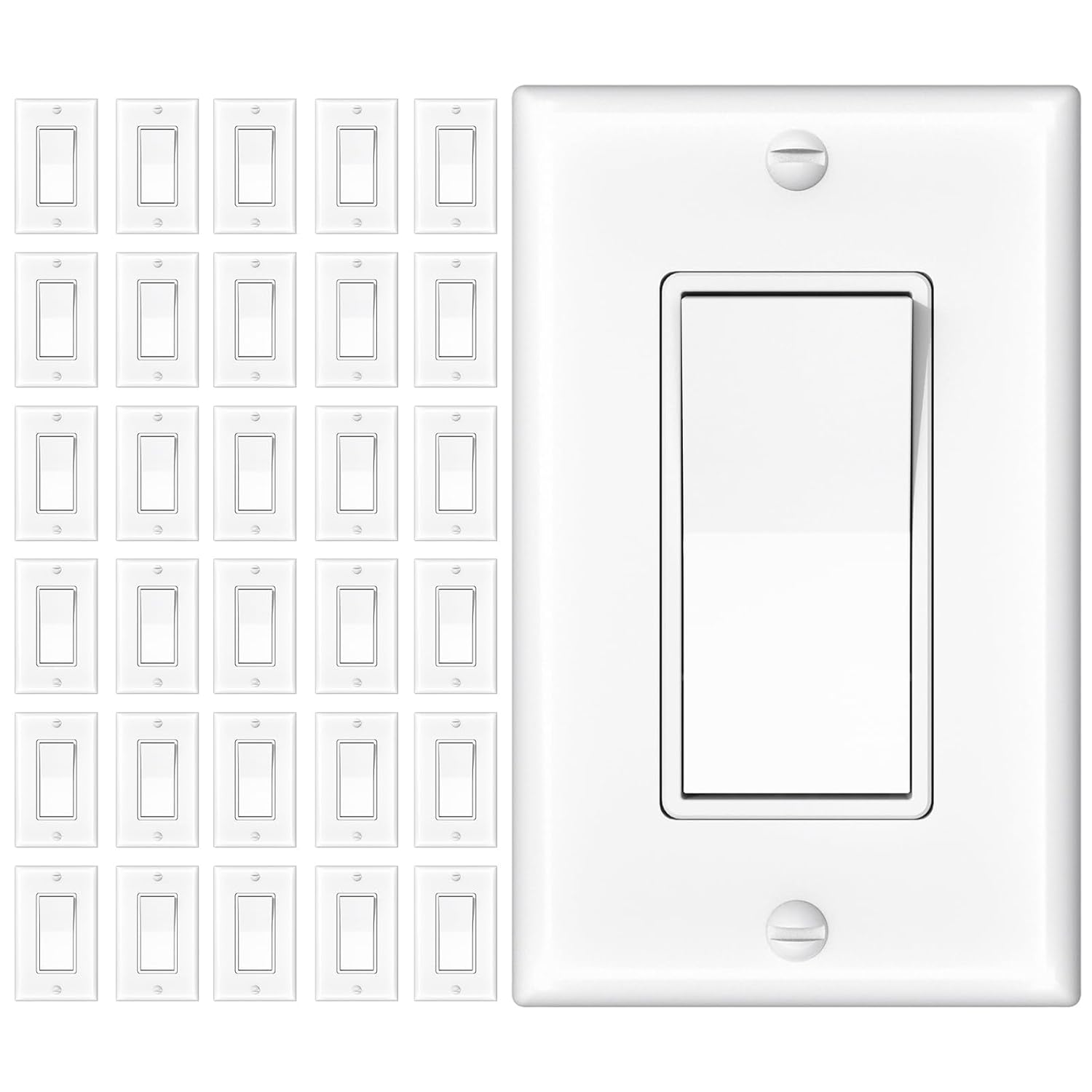 Amico 30 Pack Single Pole and 3-Way Light Switch with Wall Plate, UL Listed, 15A 120/277V, On/Off Rocker Interrupter Wall Switch, Grounding Screw, Suitable for Home and Business, White