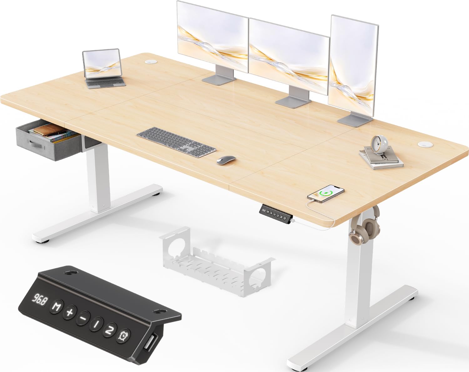 Devoko 180x80cm Escritorio Elevable Eléctrico con Cajones, Escritorio Regulable en Altura de Carga USB-A, Mesa Escritorio Elevable de Gestión de Cables y de Recordatorio de Postura Sentada,Arce