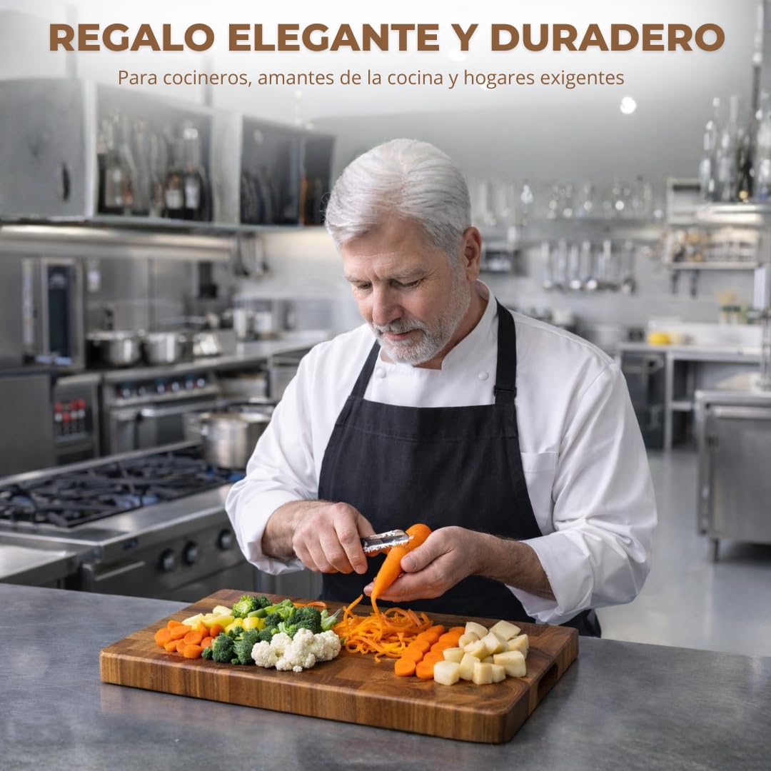 Tabla de Cortar de Madera de Acacia Profesional 36x24x3 cm | Antibacteriana y Resistente | Tabla de Cocina Premium con Asas Laterales | Incluye Delantal Profesional Negro