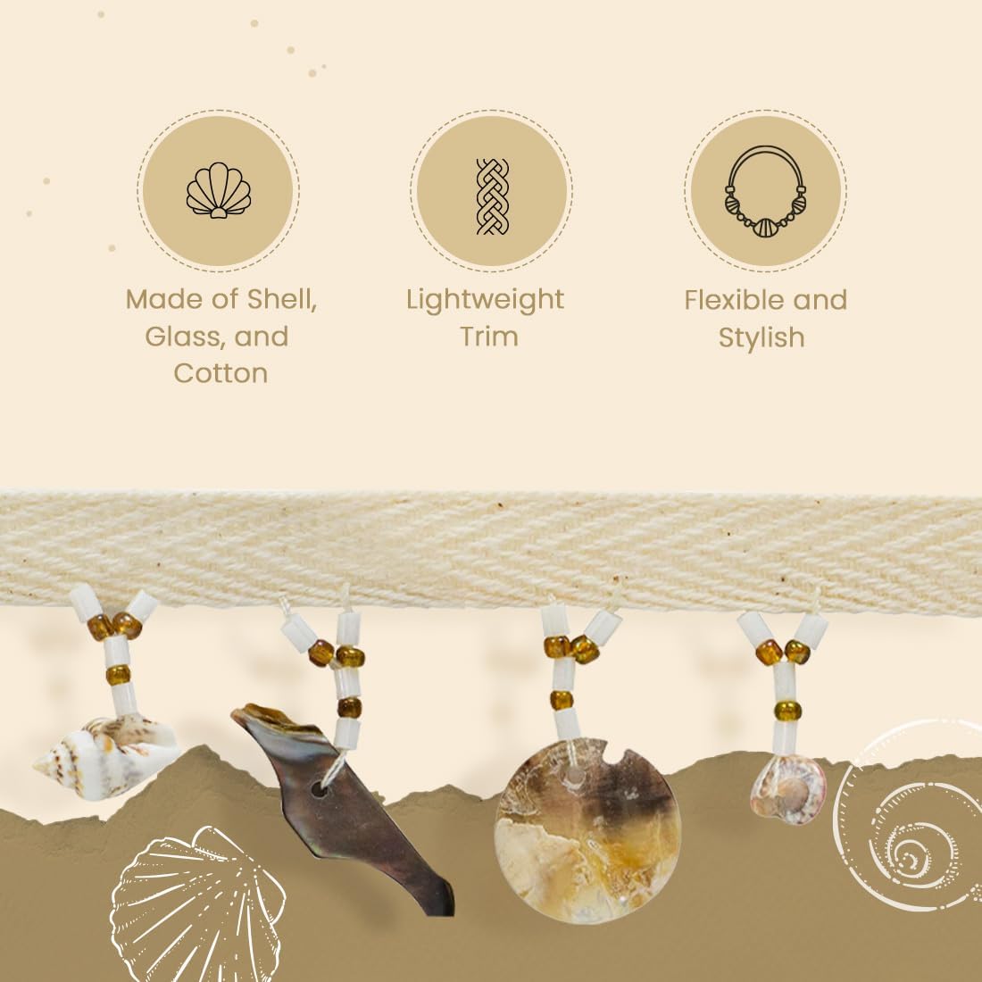 Trims by the Yard Shell and Circle Fringe Natural Multi | (5 Yard Cut) Trim