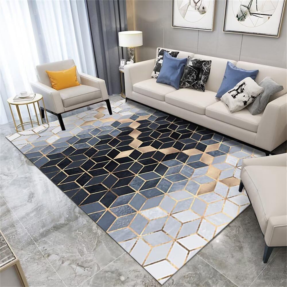 Tapis géométrique anti-glisse bleu et or pour sécuriser le salon