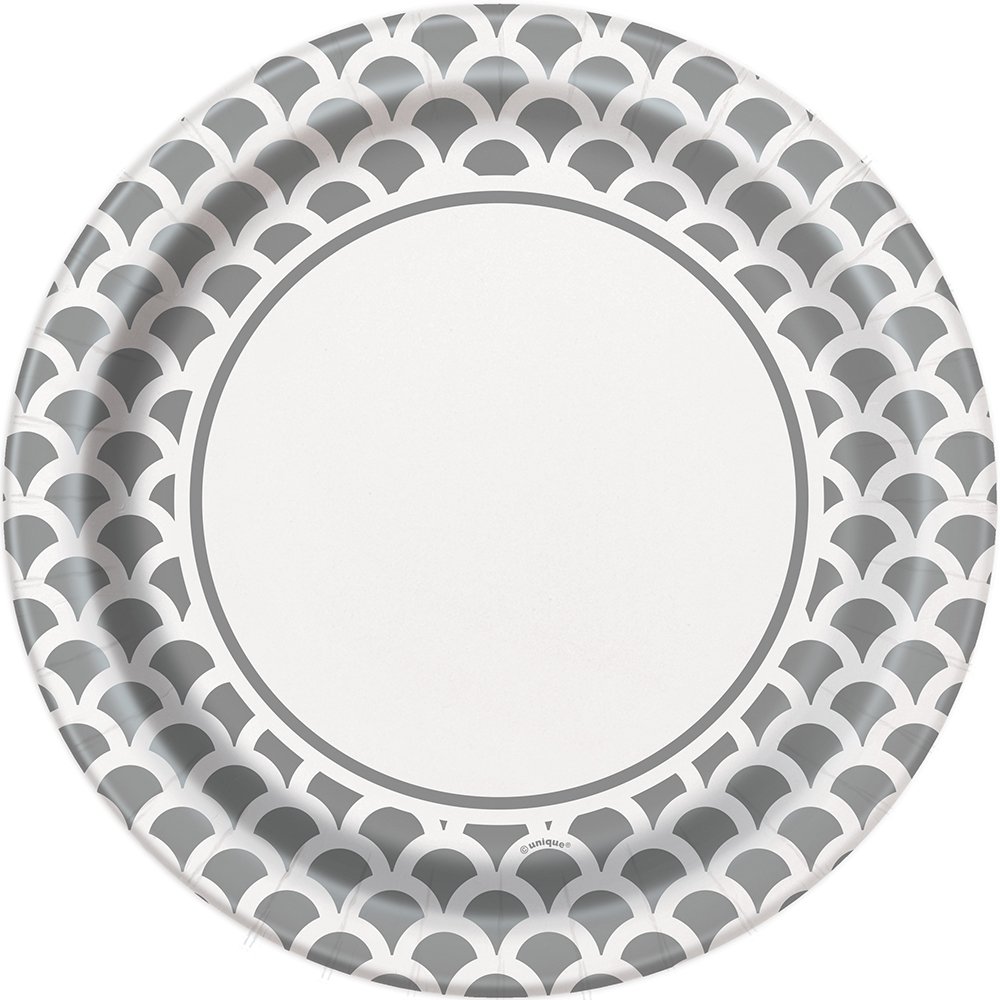 Silver & White Scallop Print Dinner Plates | 8-Count Disposable Elegant Party Plates (8.875")
