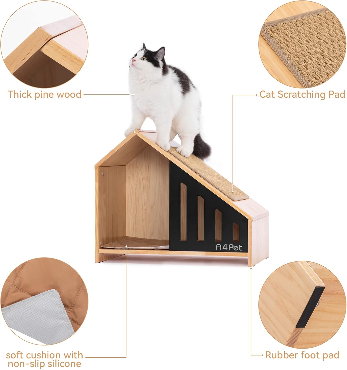 A4PET Cat House Wooden Cat Condo Cat Furniture for Indoor Cat Shelter with Scrather Cushion with Non-Slip Silicone, Pet House for Cats Small Dogs
