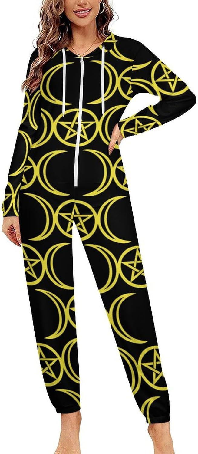 Triple Moon Pentacle Adult Pajamas Onesie with Hood Pocket Jumpsuits One Piece Sleepwear
