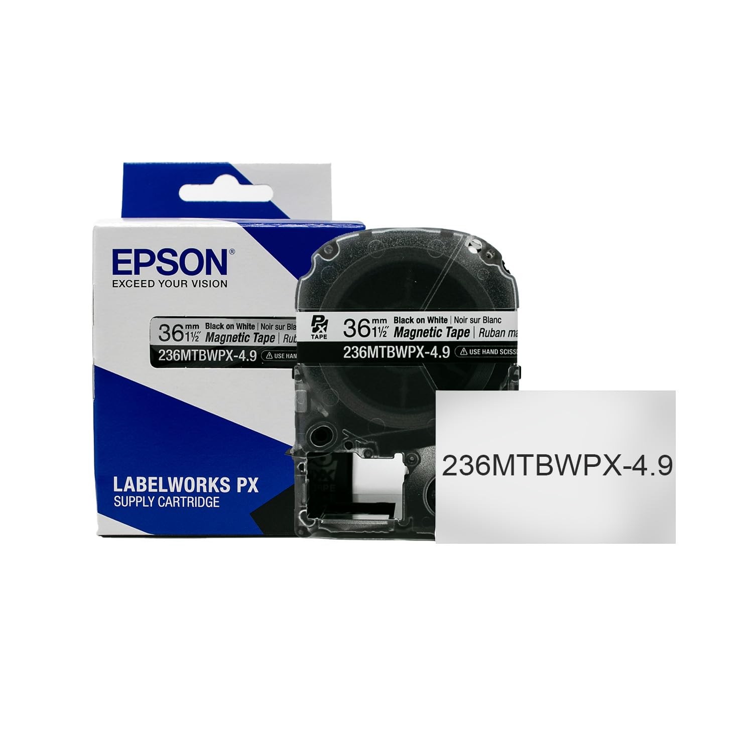 LABELWORKS Epson 236MTBWPX-4.9 Magnetic Tape Cartridge - Black on White Magnet Label Maker Tape - 1.5" (36MM) Wide, 4.9 ft, White