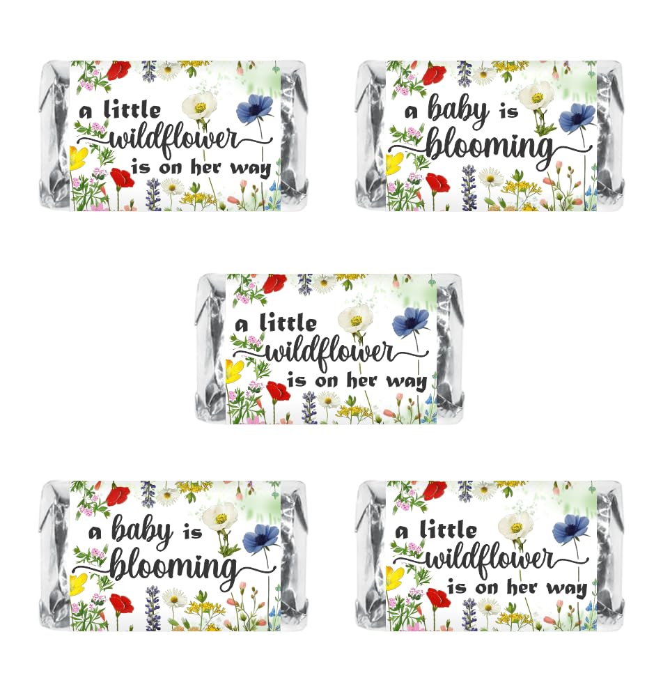 60 Wildflower Baby Shower Miniatures Candy Bar Wrapper, Baby in Bloom, Blooming Miniatures Candy Bar Stickers Decorations, Candy Not Included. Made in USA
