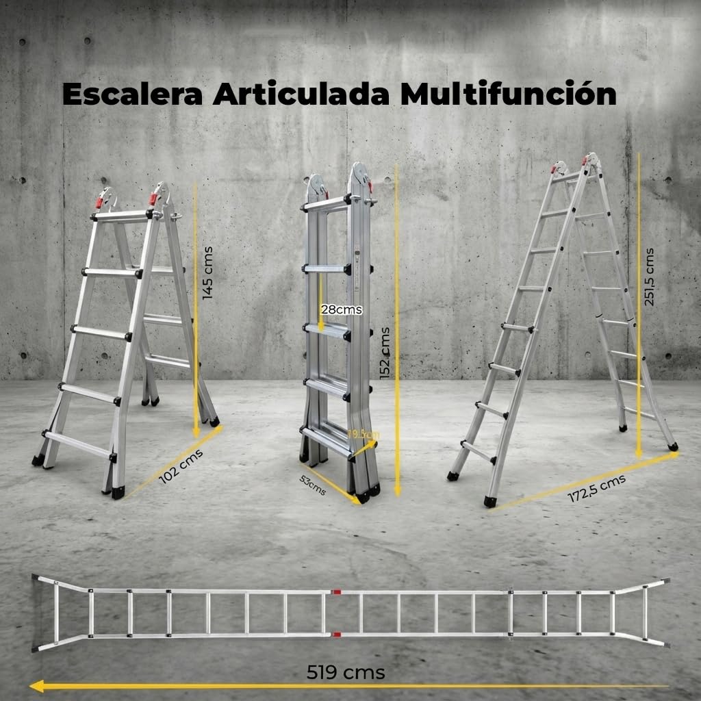 UZIRO Escalera Telescópica Plegable Articulada de Aluminio 4x5, 5,19 M, 150 KG, Gris