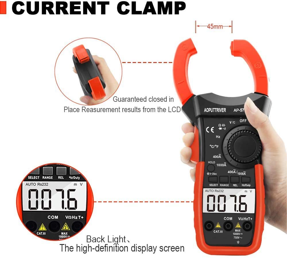 Digitale Pinza Amperometrica, AP-570T-APP Amperometrica Bluetooth Multimetro con Spegnimento Automatico per AC&DC Amperaggio Corrente Tensione Resistenza Temperatura con Continuità Retroilluminata