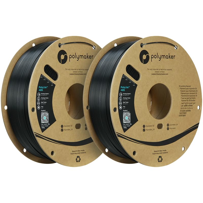 Polymaker ABS Filament 1.75mm Black*2, 2kg 3D Printing Filament, PolyLite ABS 3D Printer Filament, Heat Resistant, Strong & Durable, Dimensional