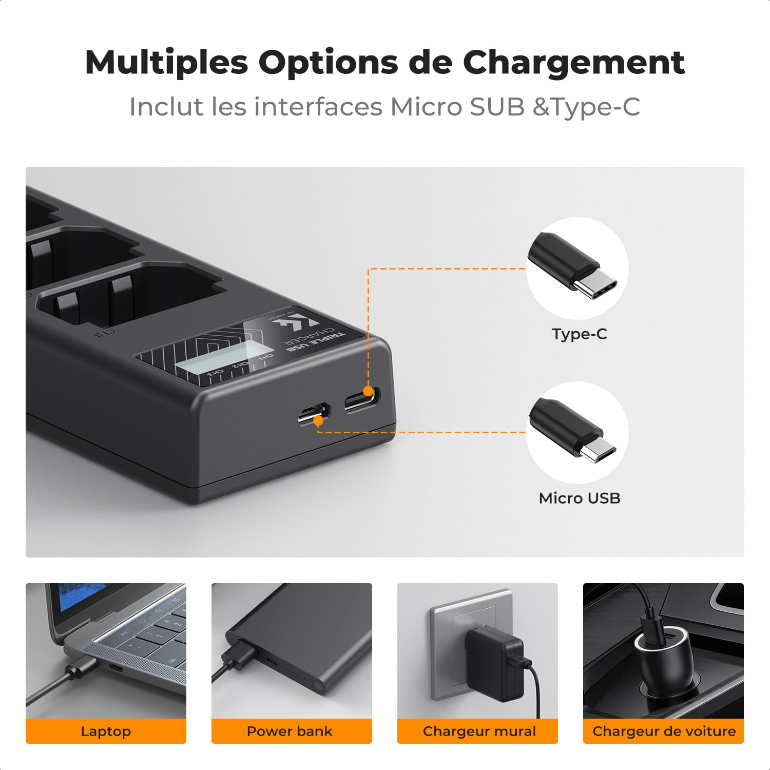 K&F CONCEPT NP-FZ100 Chargeur, 3 Slot Batterie Chargeur avec Écran LCD Compatibles avec Sony A7iii A7iv A7Rv A6700 A6600 A9 A1 FX3 FX30 ZV-E1 Caméras