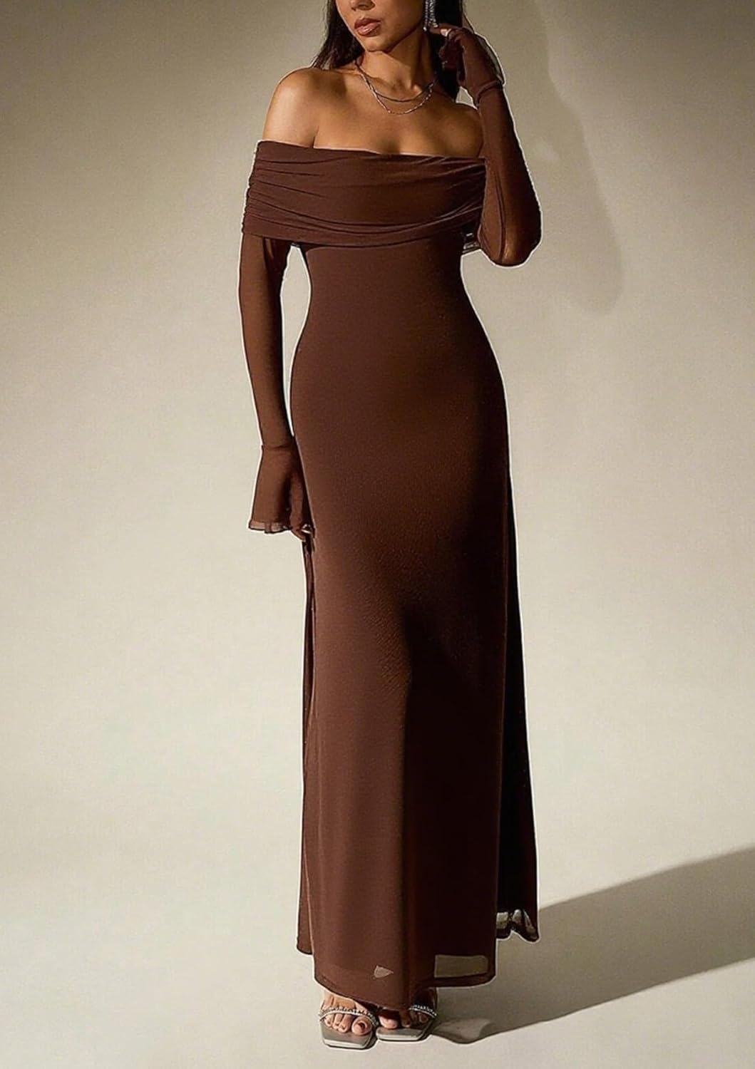 Women Off Shoulder Bodycon Maxi Dress Long Sleeve Mesh Ruched Party Formal Wedding Guest Dresses - Image 2