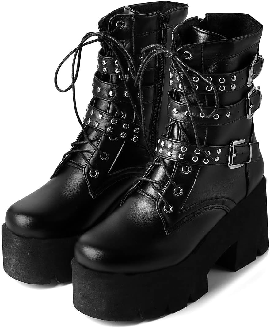 Trendenzy Womens Lace Up Chunky Heel Ankle Boots Goth Platform Combat Booties