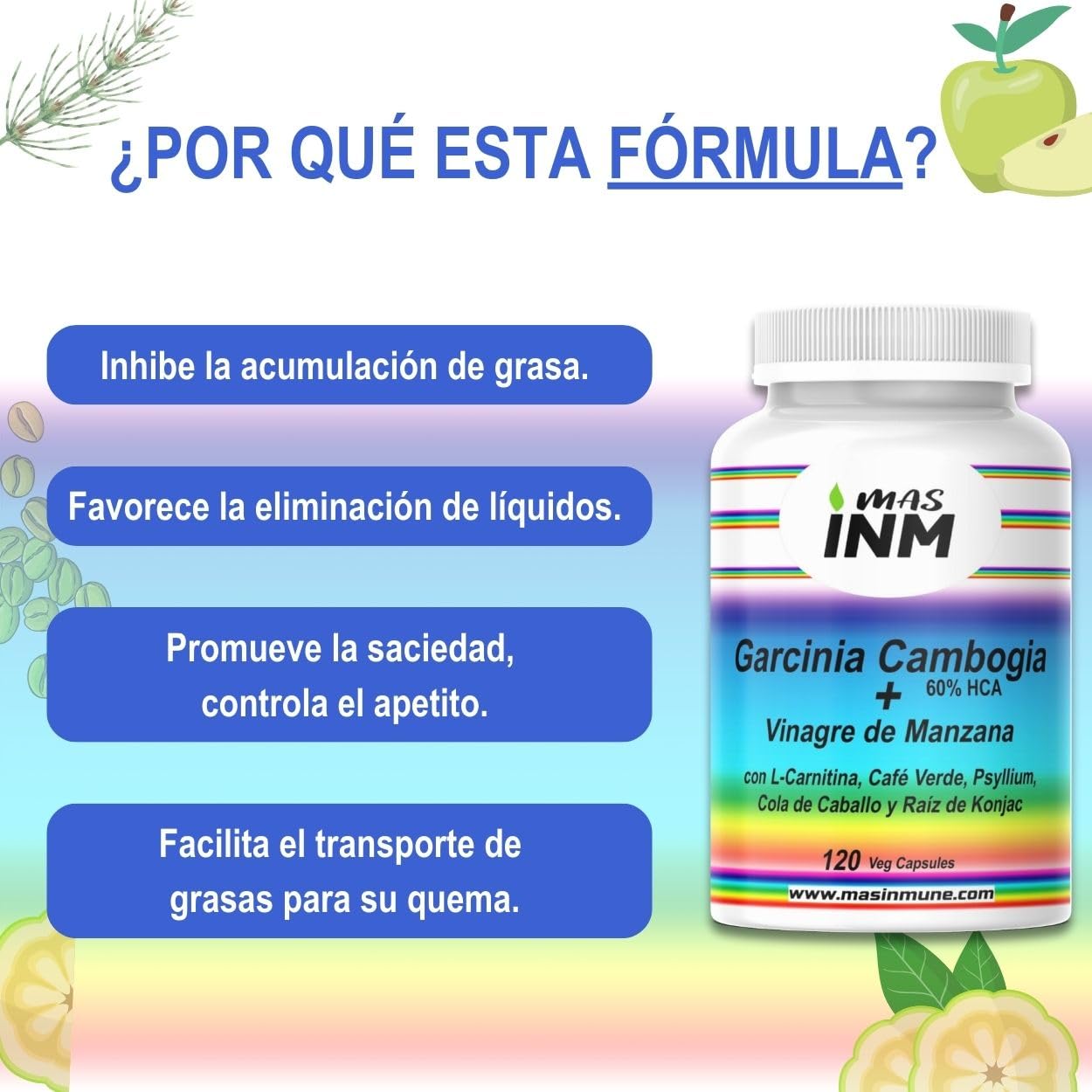 Garcinia Cambogia 60% HCA - Quemagrasas Natural con Vinagre de Manzana - L-Carnitina – Glucomanano - Suplemento para Pérdida de Peso – Efecto Termogénico Fat Burner - 120 Cápsulas – Masinmune.