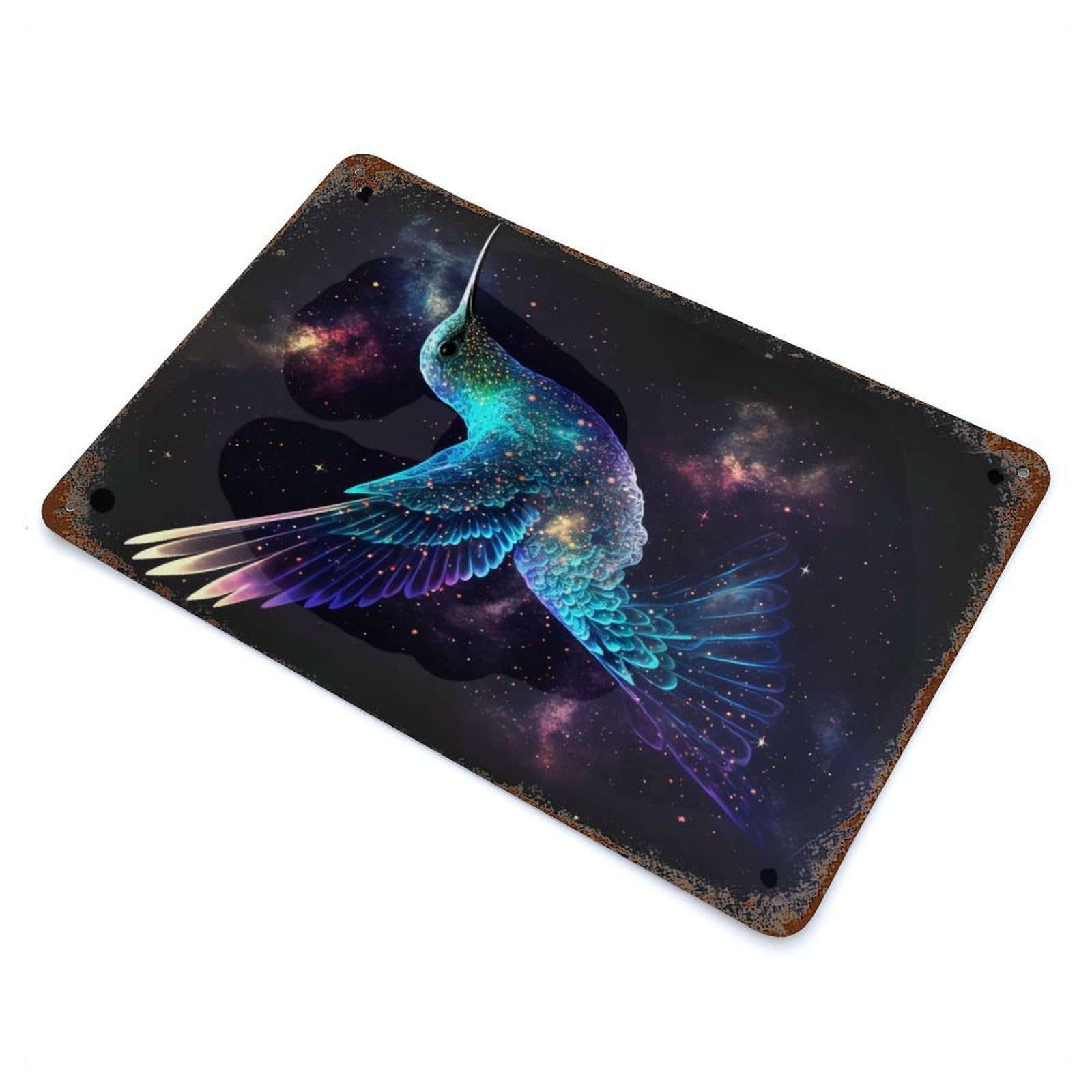 Rustic Tin Plaque Space Hummingbird 11.8"x7.9", Vintage Wall Decor for Pub, Kitchen And Man Cave Decor