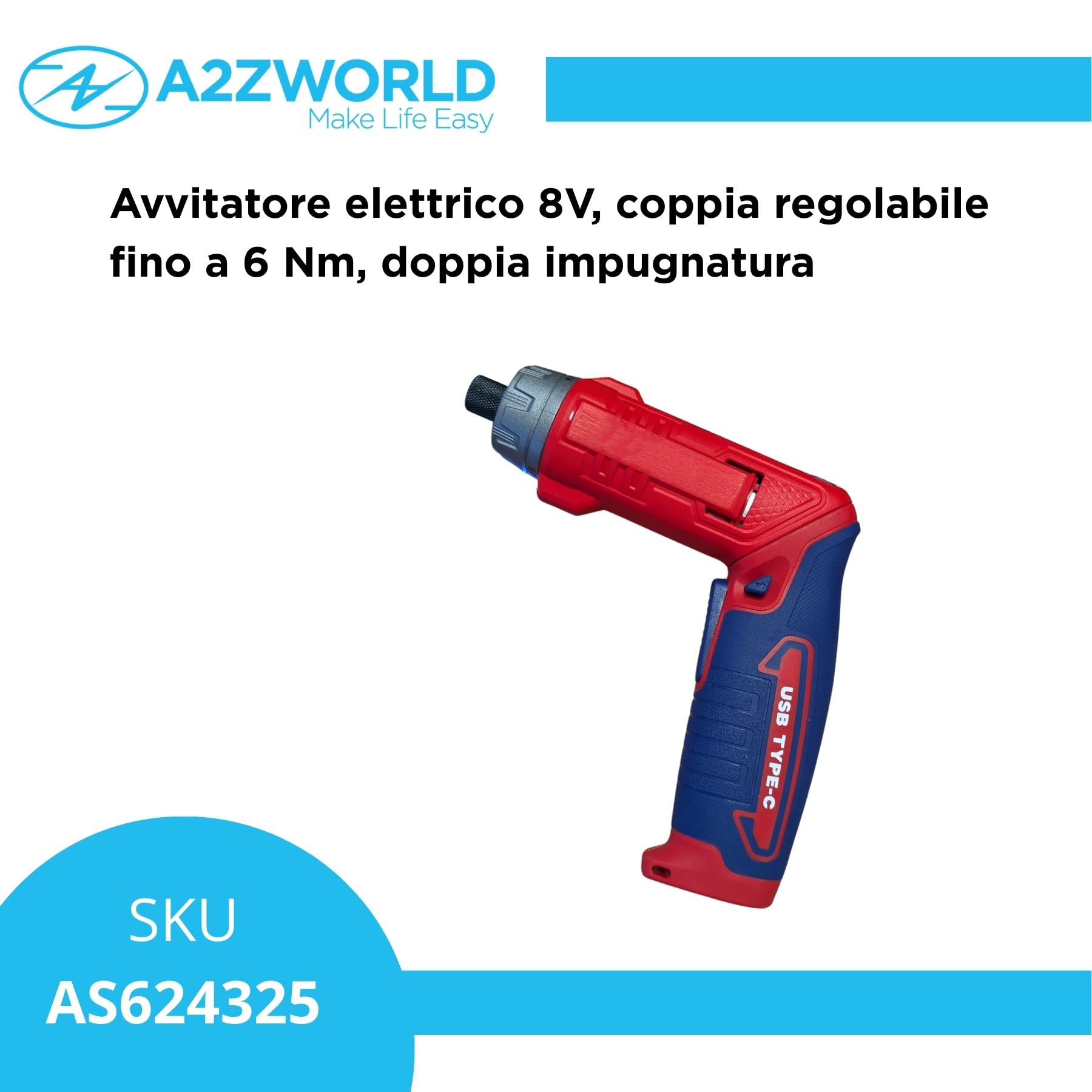 Avvitatore Elettrico 8V USB Type-C, Controllo Coppia 6Nm con 16 Regolazioni, 220 rpm, Impugnatura Pistola e Lineare, Set 17 Accessori, Valigetta Inclusa, Con Led Indicativo
