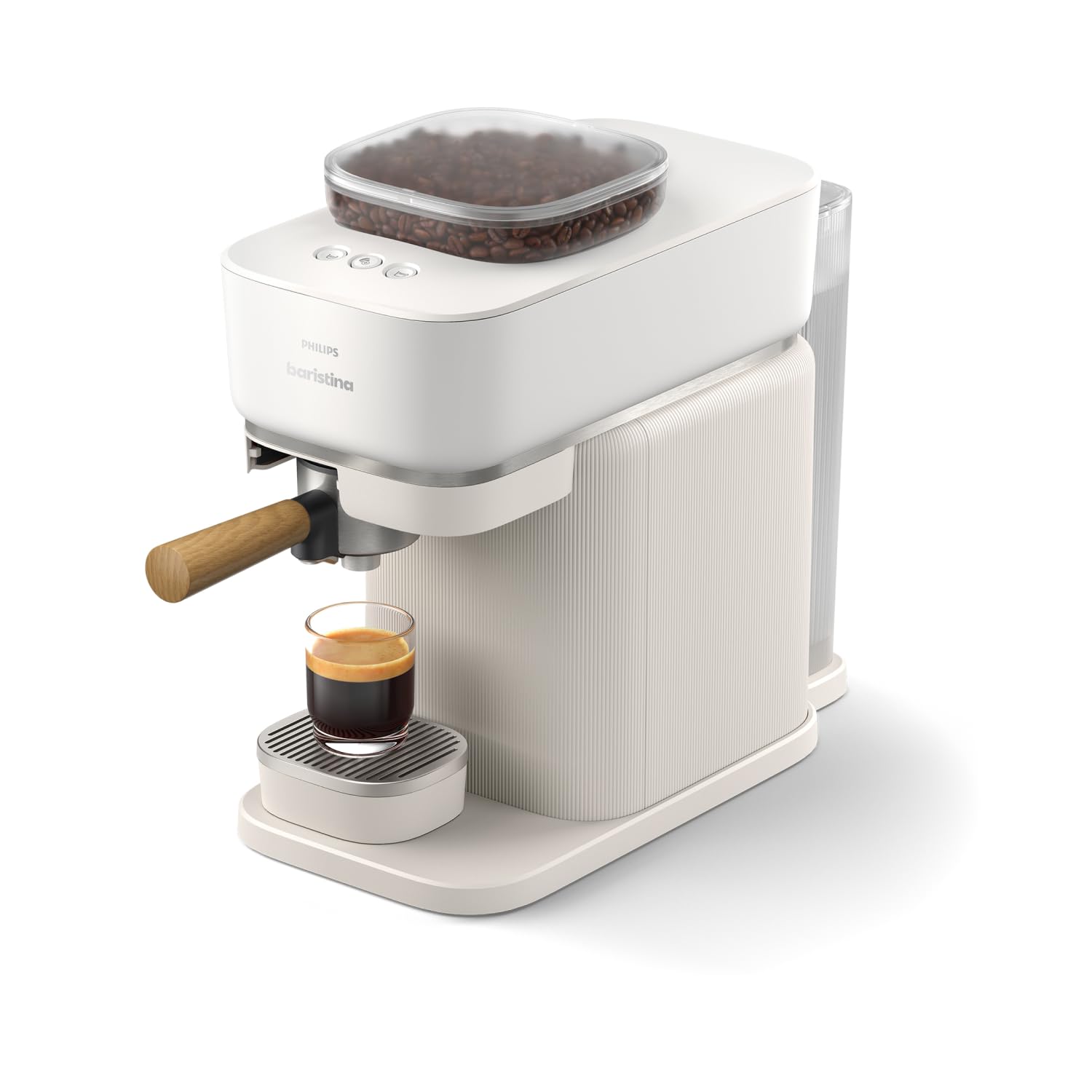 Philips Baristina Machine à expresso, Mouture, tassage et infusion automatiques, 16 bars,Expresso,Lungo, Format compact, Blanc naturel avec porte-filtre en frêne, Machine à café avec broyeur BAR307/20