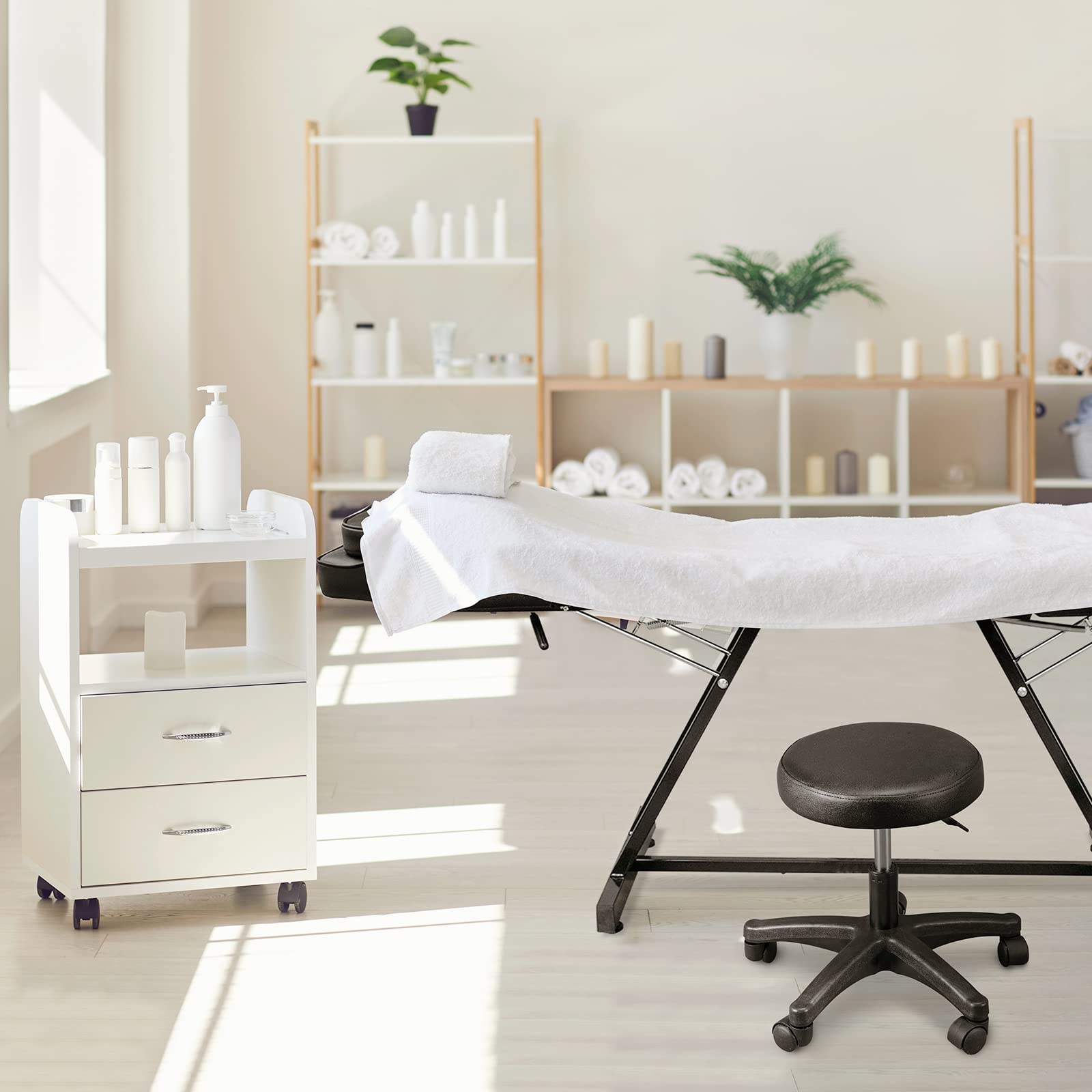 Professionelle Klappbare Massageliege Tattooliege Kosmetikstuhl mit Rollhocker Drehhocker (Schwarz)