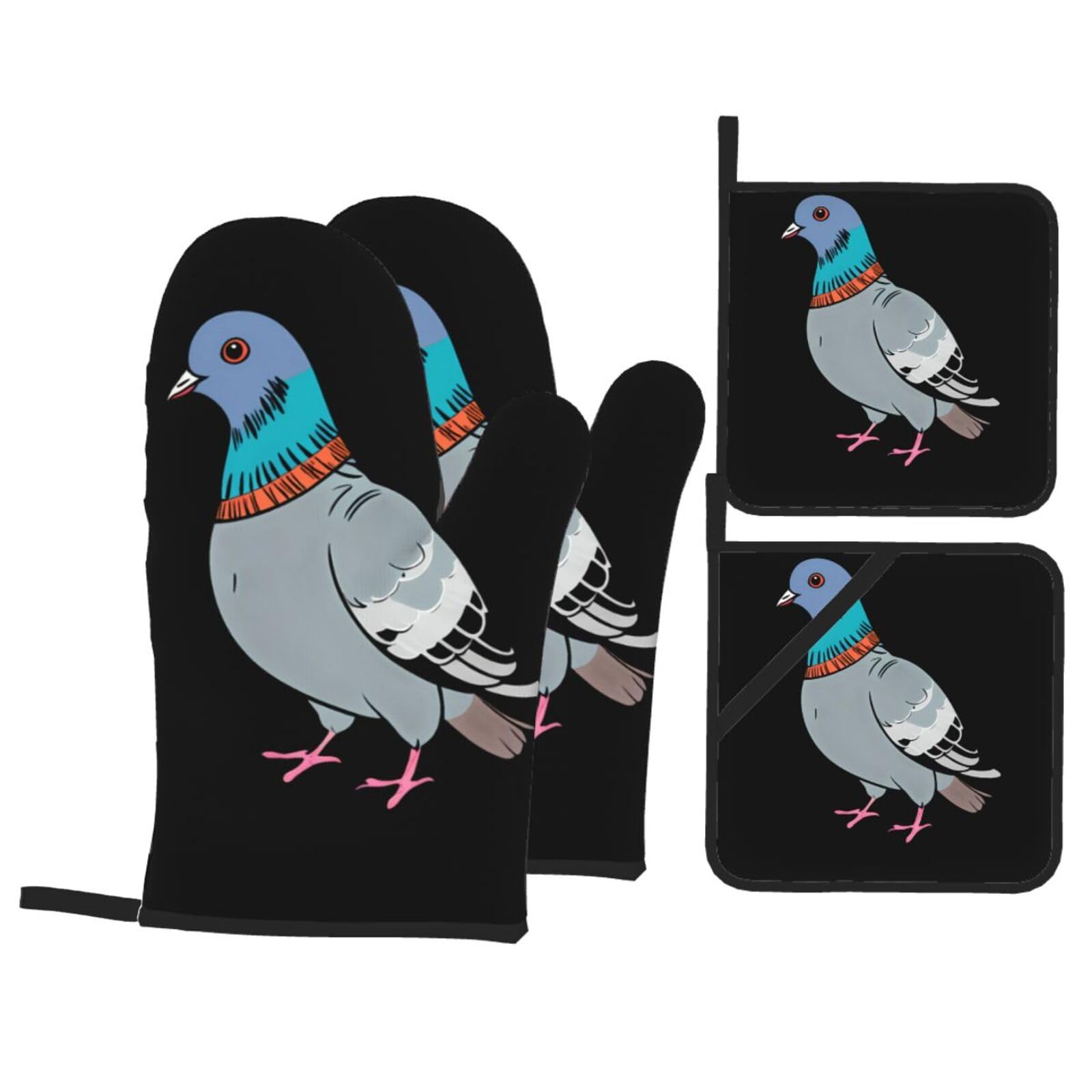 YYHWHJDE Doodle Colored Pigeon Printed Kitchen Baking Set of 4 Thick Insulated Oven Mitt & Pot Holders, Anti-Scalding for Microwave, Oven, Outdoor BBQ