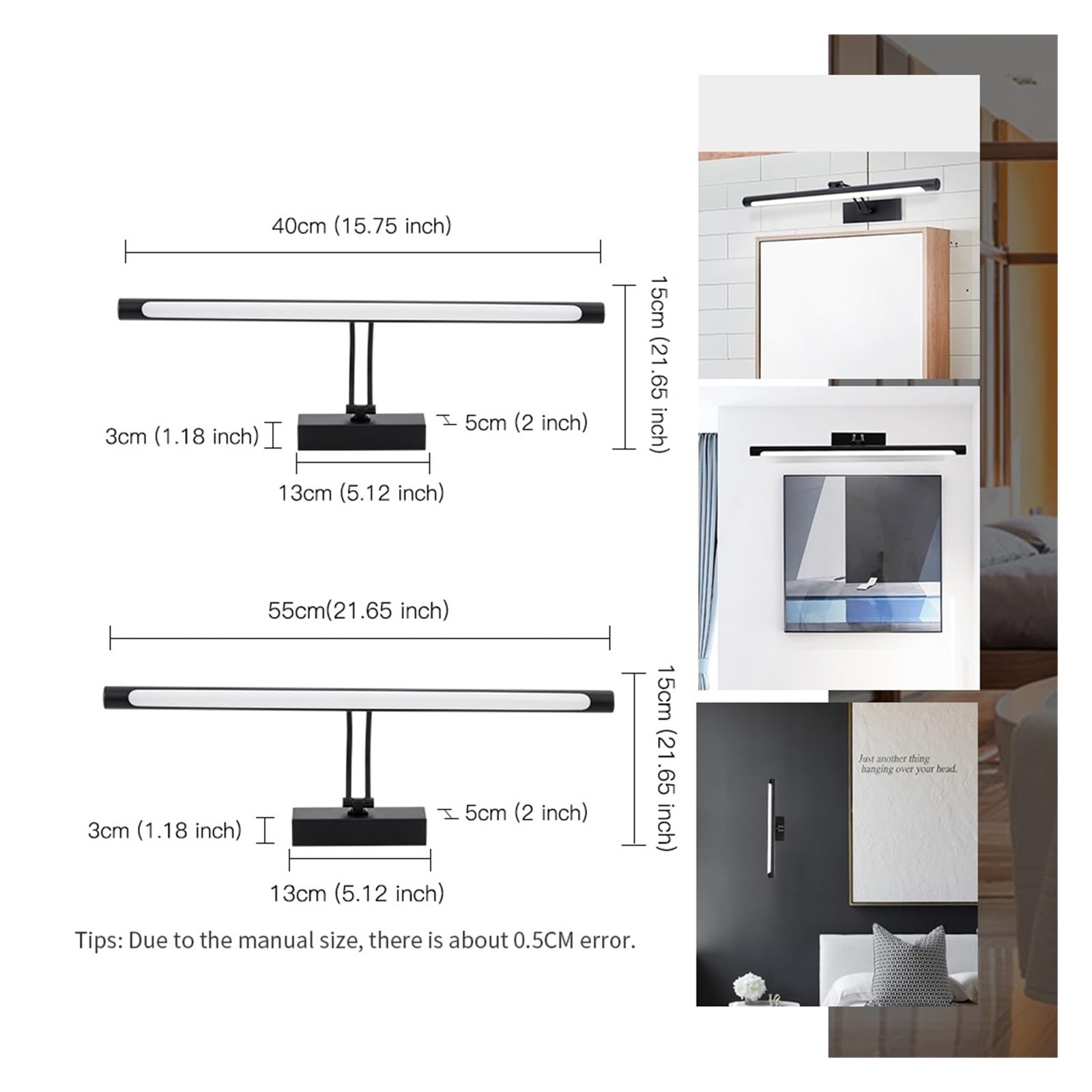 Apliques Para Cuadros Lámpara de pared Led nórdica negra plateada 12W 55CM AC90-260V espejos de iluminación de baño accesorios de iluminación de tocador aplique impermeable luz de pared(Cool,Silver)