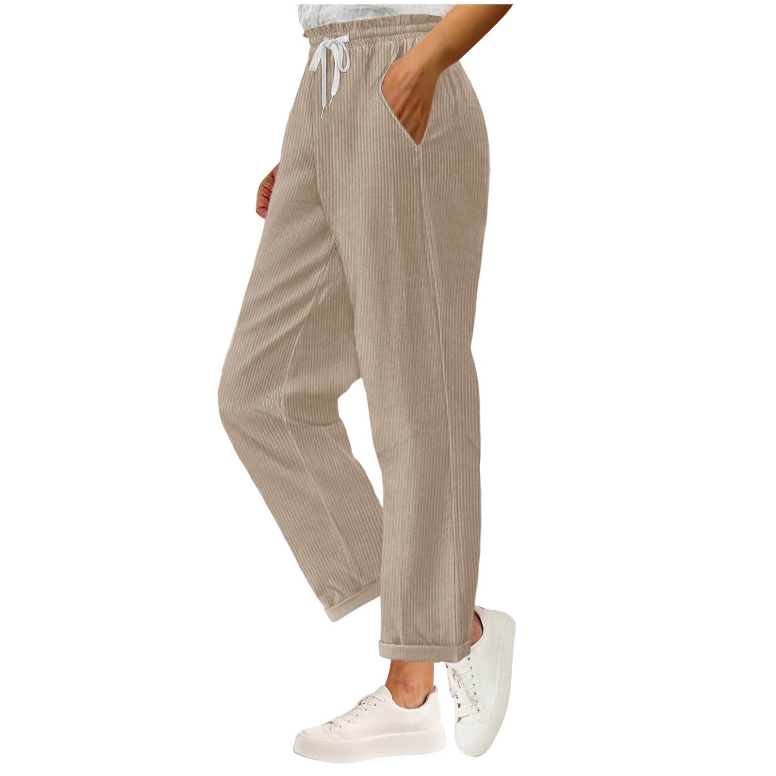 Cotton Pants for Women Elastic High Waist Straight Leg Slack Drawstring Casual Fall Solid Color Trouser with Pocket