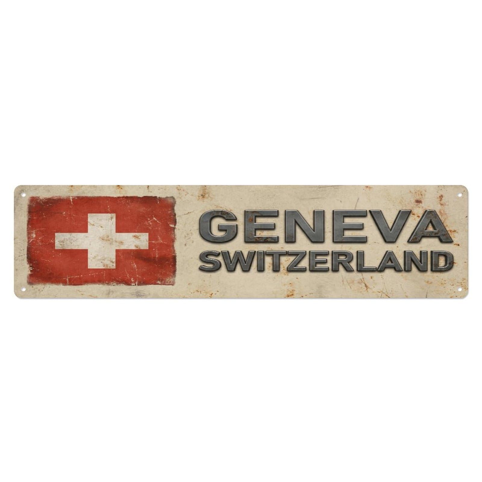 Metal Tin Sign Vintage Geneva Switzerland Flag Decor Rustic Travel