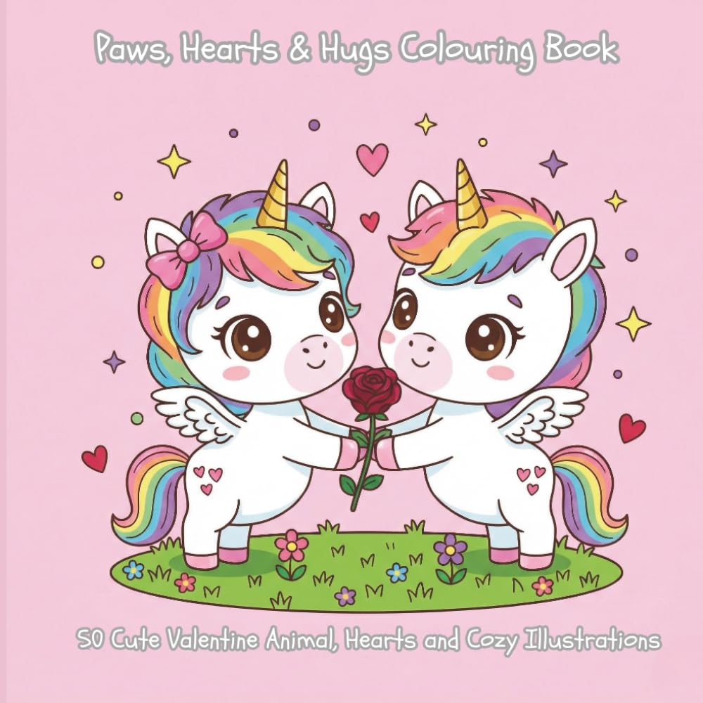 Paws, Hearts & Hugs Colouring Book: 50 Cute Valentine Animal, Hearts and Cozy Illustrations