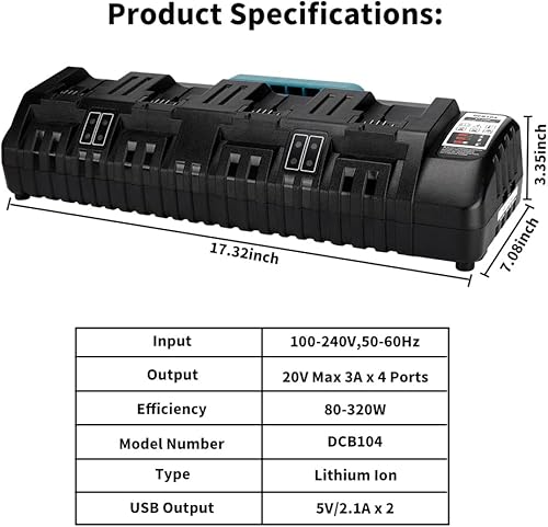 Miniatura 4 de DCB104 Reemplazo para cargador de batería Dewalt 20v Max Cargador rápido de 4 puertos Cargador de batería múltiple Estación de cargador compatible