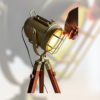 OVERSEAS MART Brass Antique Finish Electric Industrial Spotlight Searchlight Floor Lamp with Wood Ideal Home D?cor for Living Room, Bedroom, Kitchen, Office
