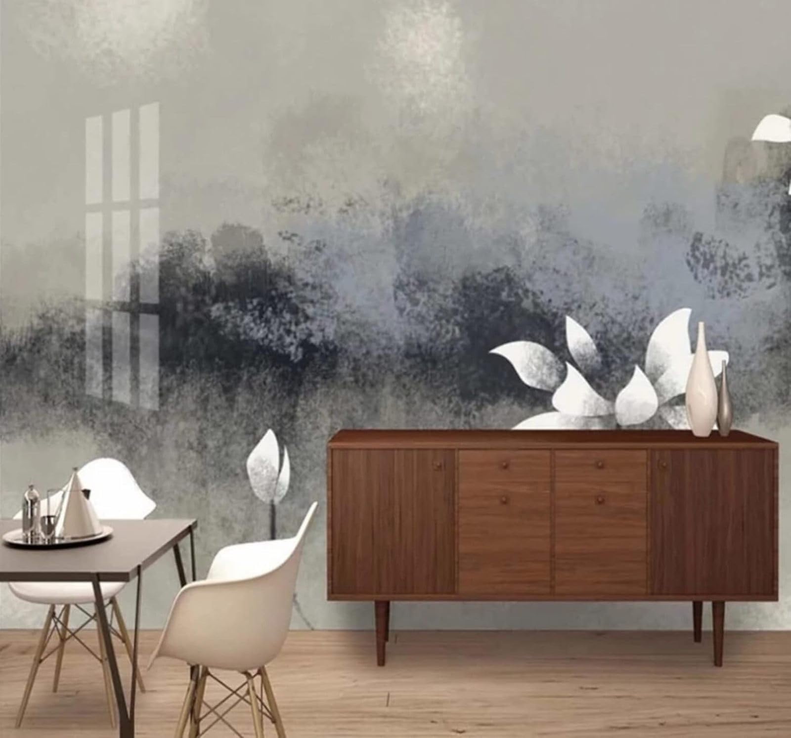 Abstract Grey Hand Drawn Lotus Art 3D Wallpaper Easy Install Feature Office Living Room Sofa Bedroom TV Background Wall Decoration-150cm×105cm