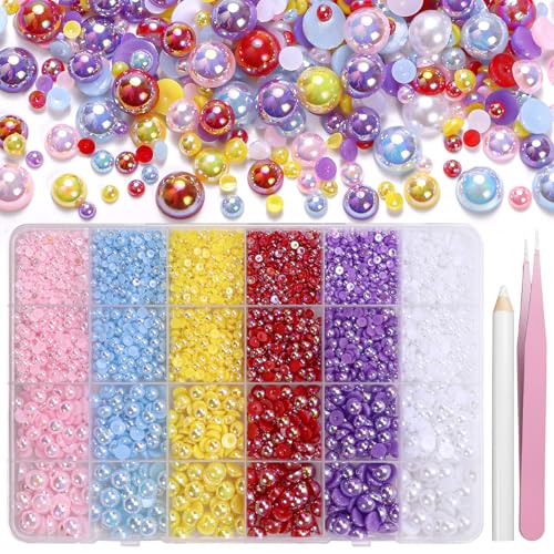 Image of 9000Pcs Flatback Pearls for Crafting, Pink Blue Red Purple White Half Pearls Beads, 3-8mm Color Half Round ABS Flatback Pearl Beads Gems Bedazzling for Nails Art Crafts DIY Shoes Clothes Bags