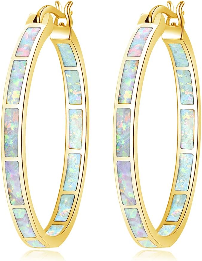 CiNily Opal Hoop Earrings,Women Jewelry Rhodium Plated/Rose Gold or Yellow Gold Plated Gemstone Big Hoop Earrings 32mm