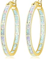 CiNily White Fire Opal Big Hoop Earrings 32mm - Yellow Gold Plated Hypoallergenic Gemstone Hoops for Women