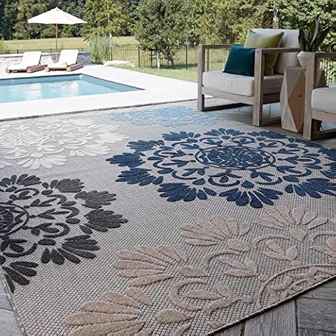 Octavia - Alfombra moderna floral azul de 5 x 7 pulgadas, para interiores y exteriores, para patios, terraza, porche, alfombra exterior para jardín, 5 x 7 pies Cover