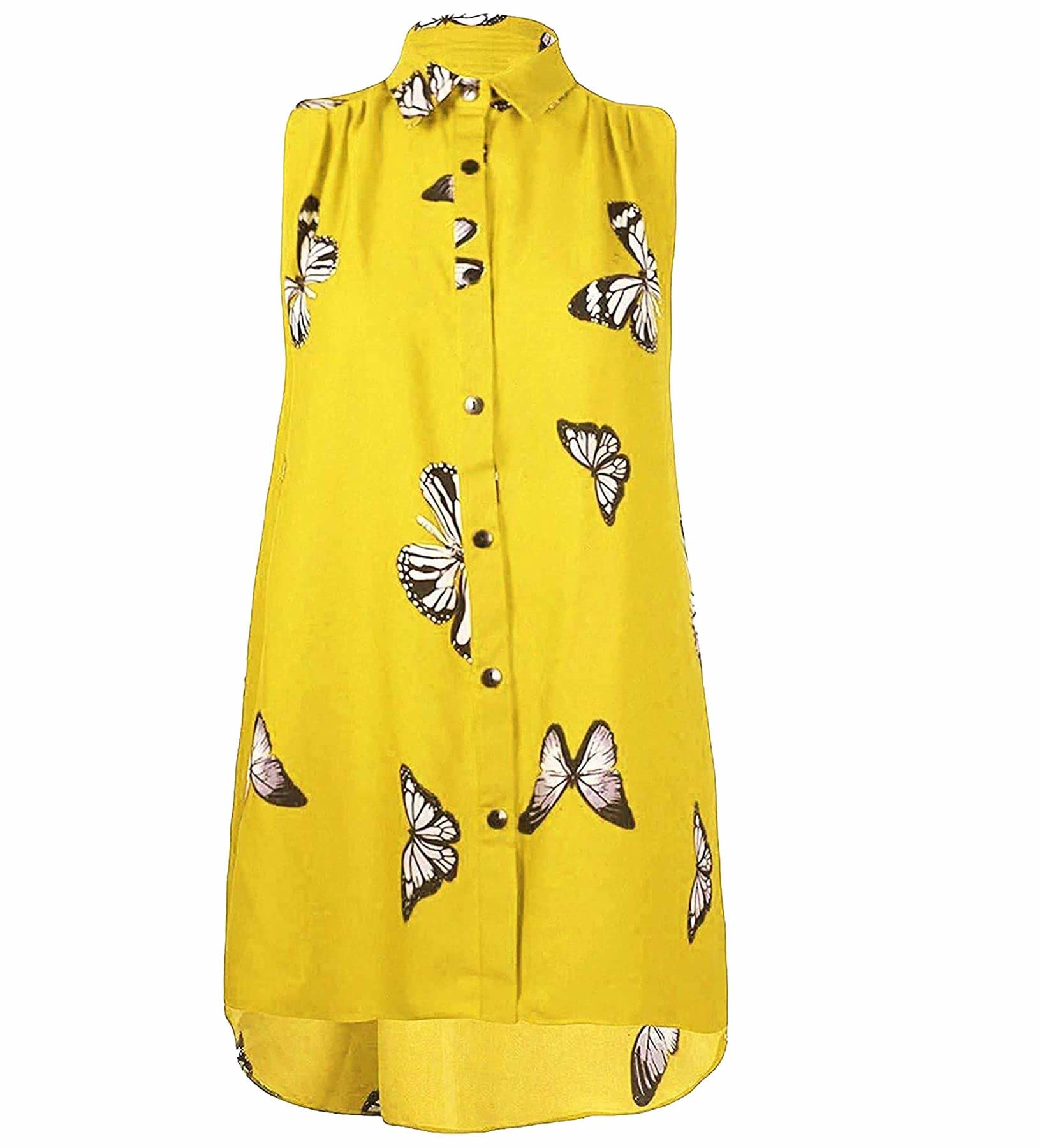 Gostyles Women's Yellow Gostyles® Butterfly Print Chiffon Hi Lo Dip Hem Sleeveless Blouse, Summer Fashion Button Down Collared Shirt Top (, 16)