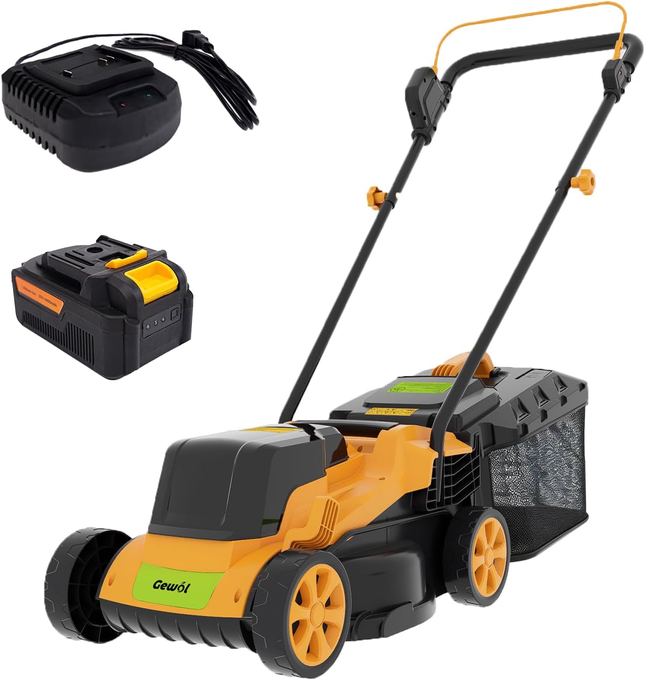 Cordless Electric Lawn Mower, Grass Cutter Machine with 5 Heights Adjustment, Electric Push Mower with Grass Collection Bag for Garden, Orange and Black
