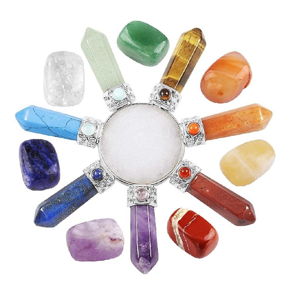 Kit de cristales, 7 piedras de chakra y 7 puntos de Cono de Chakra Generador de energía para Reiki, conjunto de meditación de equilibrio-Conjunto de cuarzo rosa