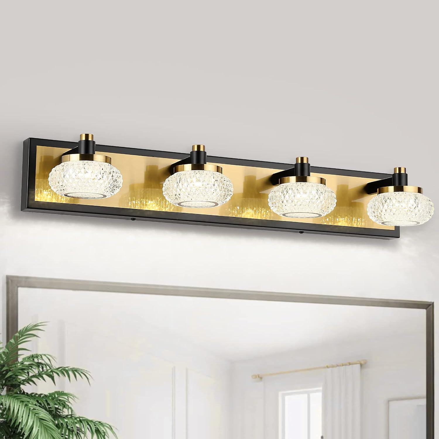 4-Light Bathroom Vanity Light Fixture Over Mirror Modern LED Acrylic Wall Lights for Bathroom 26" Inch Long Dimmable Black and Gold Color 4000K 20W 110V AC.