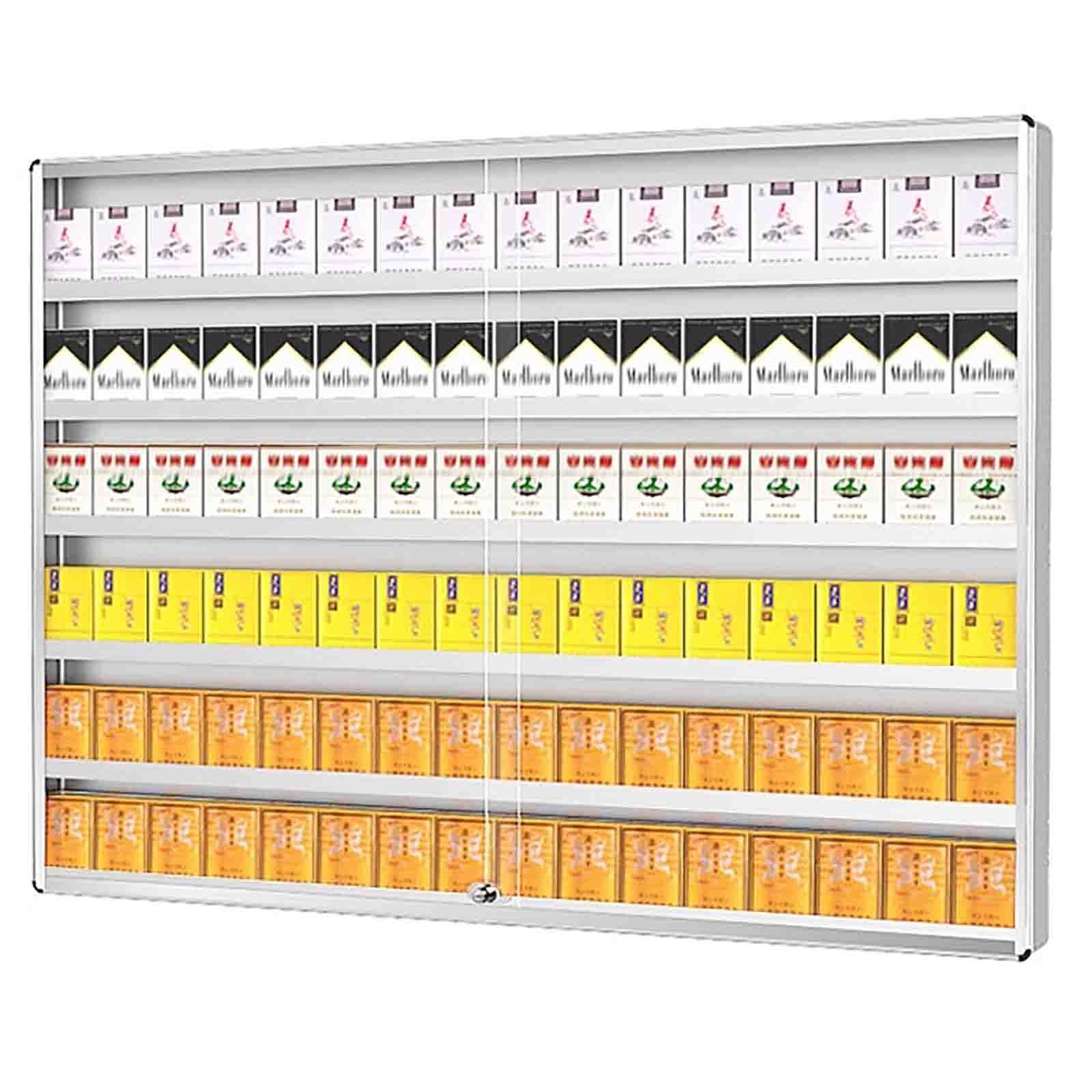 Expositor de cigarrillos de aluminio de pared con cerradura y organizador acrílico de 90x70x4 cm